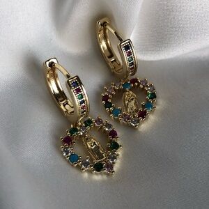 18K Gold-Filled Virgin of Guadalupe Heart Dangle Earrings